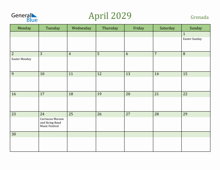 April 2029 Calendar with Grenada Holidays