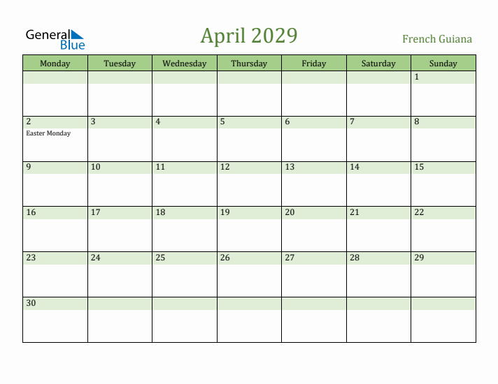 April 2029 Calendar with French Guiana Holidays