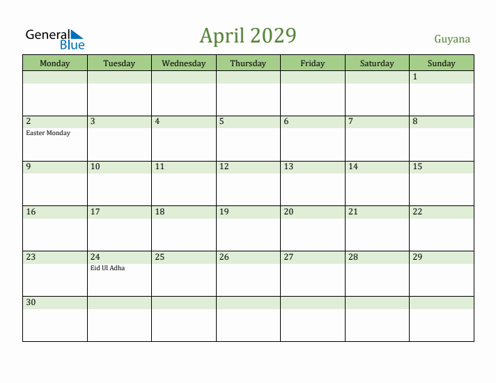 April 2029 Calendar with Guyana Holidays