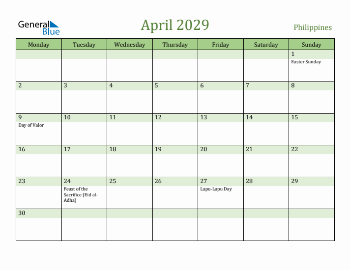 April 2029 Calendar with Philippines Holidays