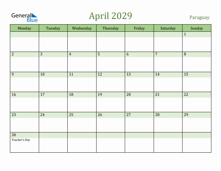 April 2029 Calendar with Paraguay Holidays