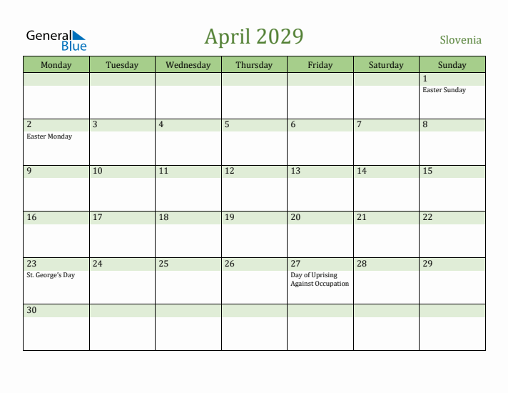 April 2029 Calendar with Slovenia Holidays