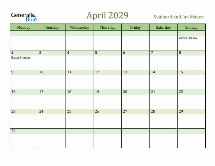 April 2029 Calendar with Svalbard and Jan Mayen Holidays