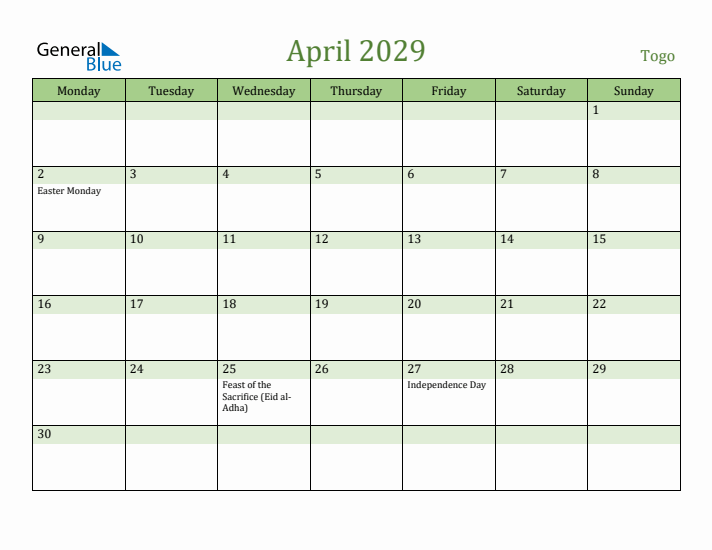 April 2029 Calendar with Togo Holidays