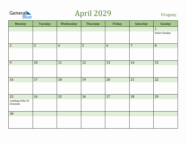 April 2029 Calendar with Uruguay Holidays