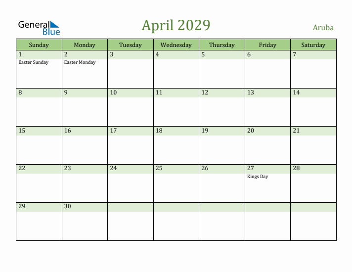 April 2029 Calendar with Aruba Holidays