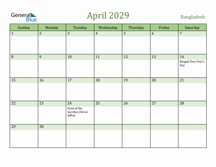 April 2029 Calendar with Bangladesh Holidays