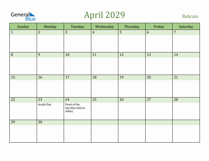 April 2029 Calendar with Bahrain Holidays