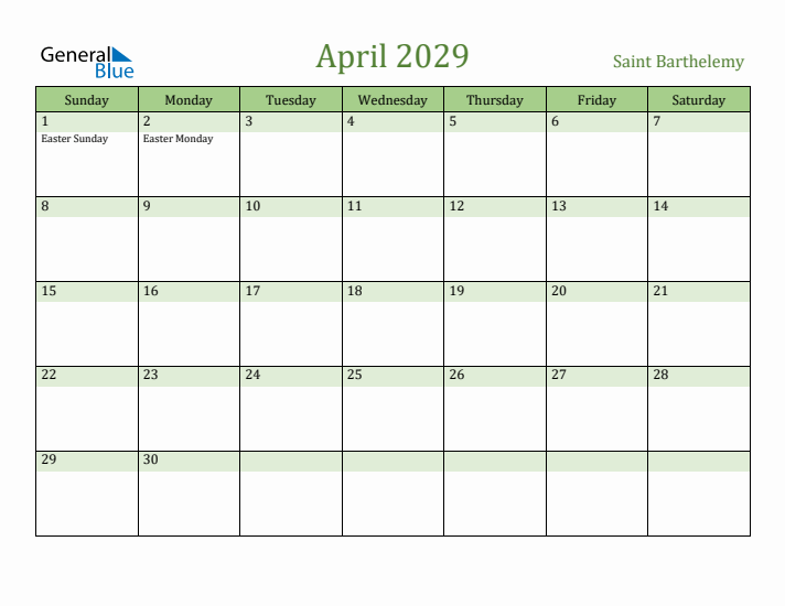 April 2029 Calendar with Saint Barthelemy Holidays