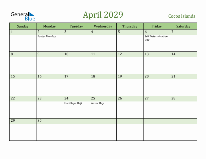 April 2029 Calendar with Cocos Islands Holidays