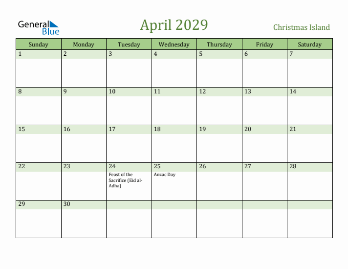 April 2029 Calendar with Christmas Island Holidays