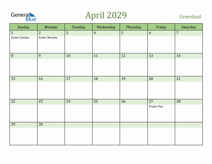 April 2029 Calendar with Greenland Holidays