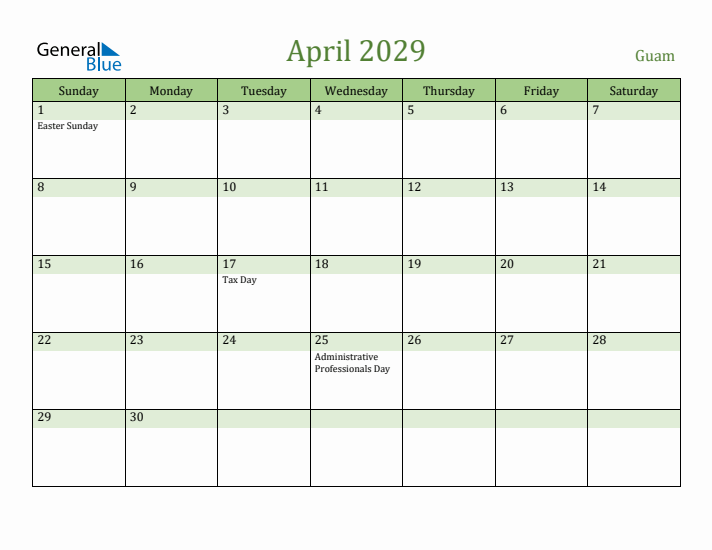 April 2029 Calendar with Guam Holidays