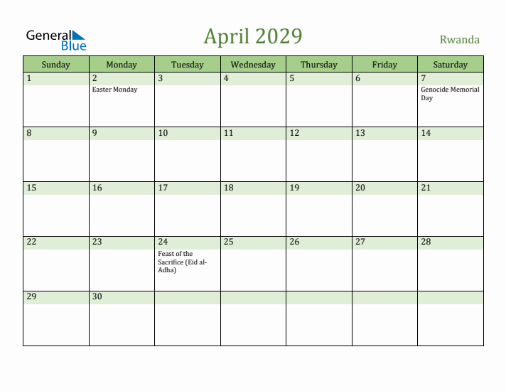 April 2029 Calendar with Rwanda Holidays