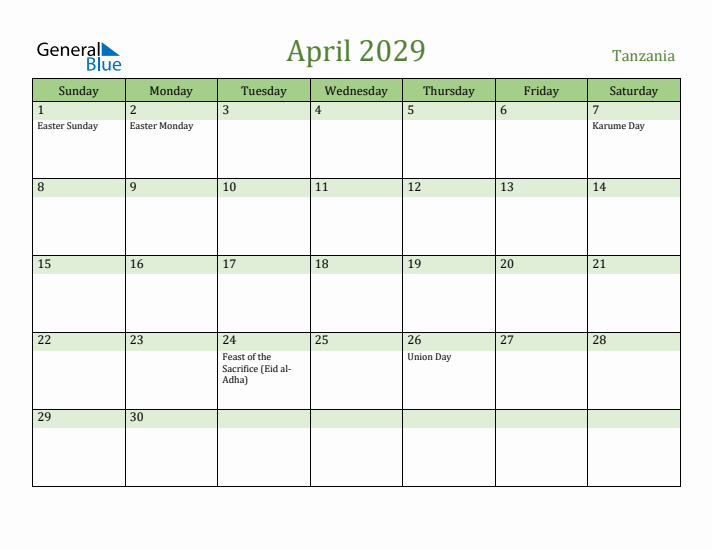 April 2029 Calendar with Tanzania Holidays