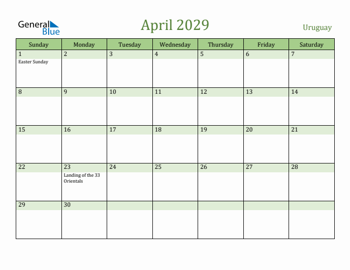 April 2029 Calendar with Uruguay Holidays