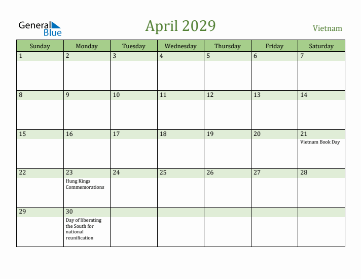 April 2029 Calendar with Vietnam Holidays