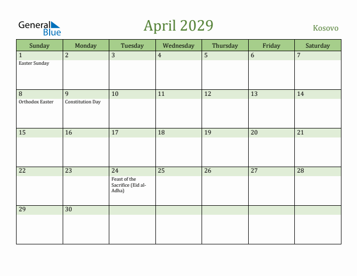 April 2029 Calendar with Kosovo Holidays