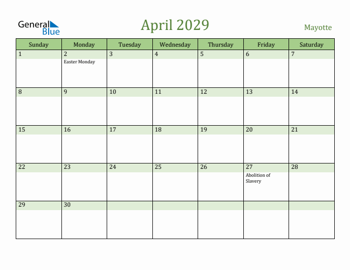 April 2029 Calendar with Mayotte Holidays