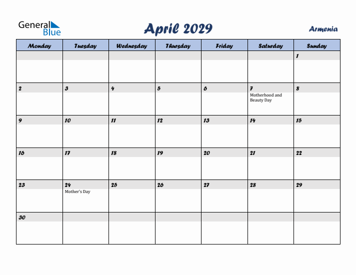 April 2029 Calendar with Holidays in Armenia