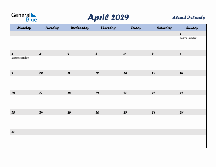 April 2029 Calendar with Holidays in Aland Islands