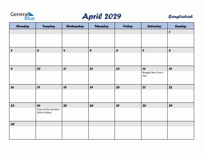 April 2029 Calendar with Holidays in Bangladesh