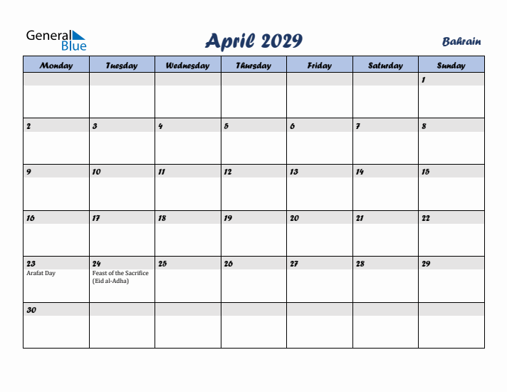 April 2029 Calendar with Holidays in Bahrain