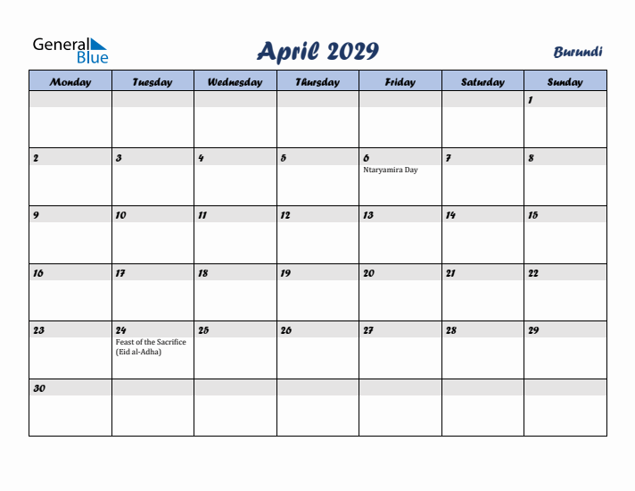 April 2029 Calendar with Holidays in Burundi