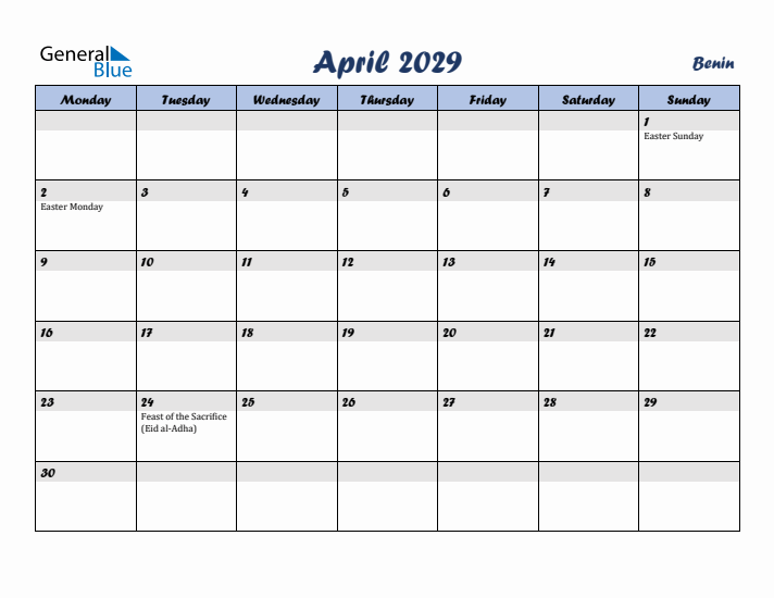 April 2029 Calendar with Holidays in Benin