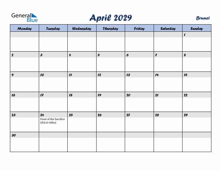 April 2029 Calendar with Holidays in Brunei