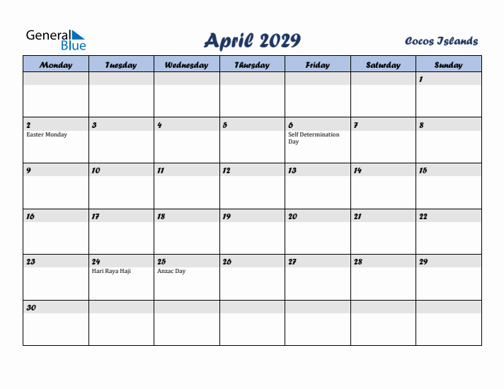 April 2029 Calendar with Holidays in Cocos Islands