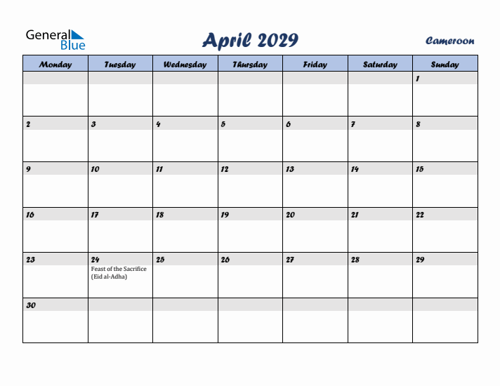 April 2029 Calendar with Holidays in Cameroon