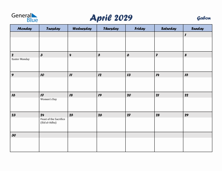 April 2029 Calendar with Holidays in Gabon