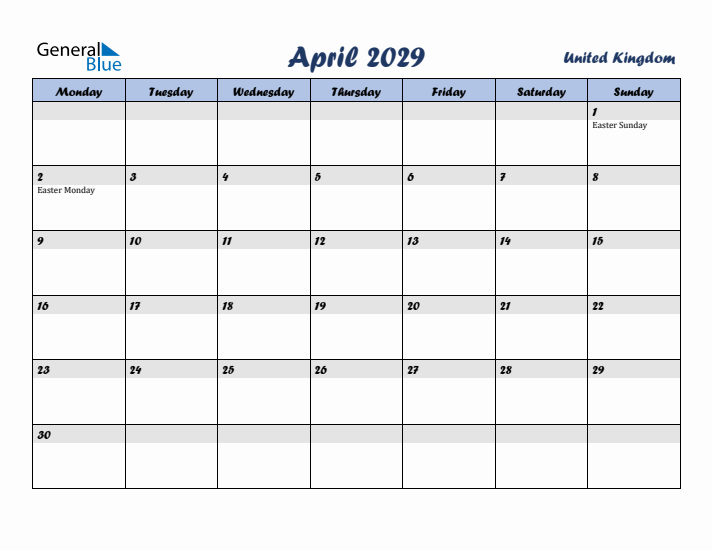 April 2029 Calendar with Holidays in United Kingdom