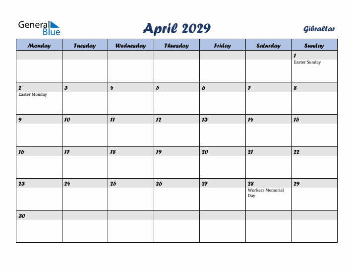 April 2029 Calendar with Holidays in Gibraltar