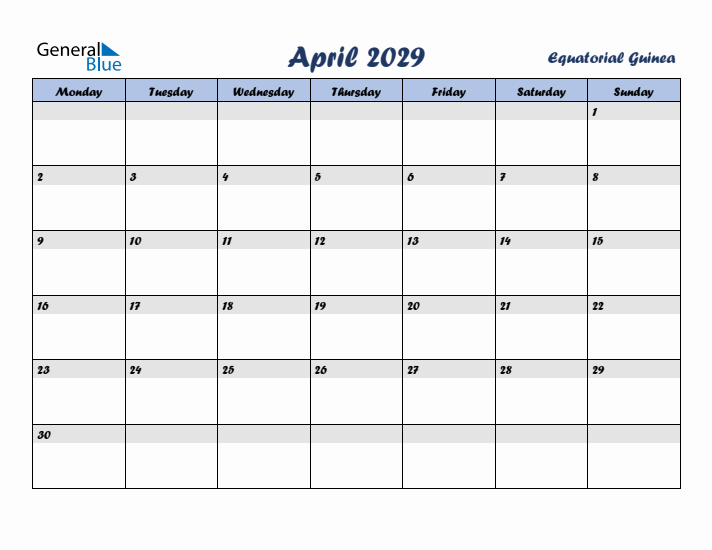 April 2029 Calendar with Holidays in Equatorial Guinea