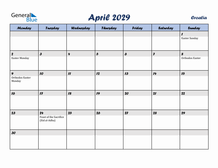 April 2029 Calendar with Holidays in Croatia