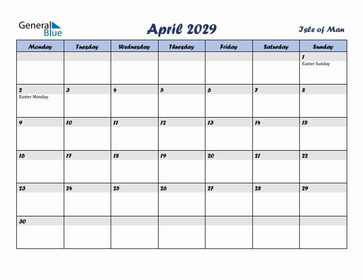 April 2029 Calendar with Holidays in Isle of Man