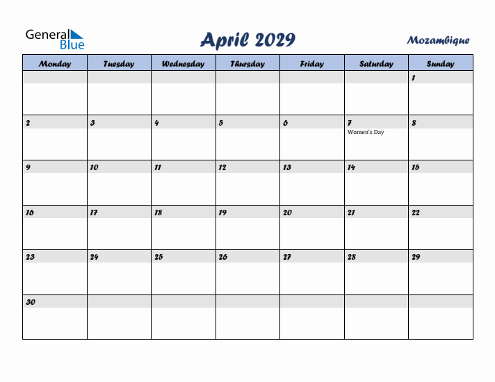 April 2029 Calendar with Holidays in Mozambique