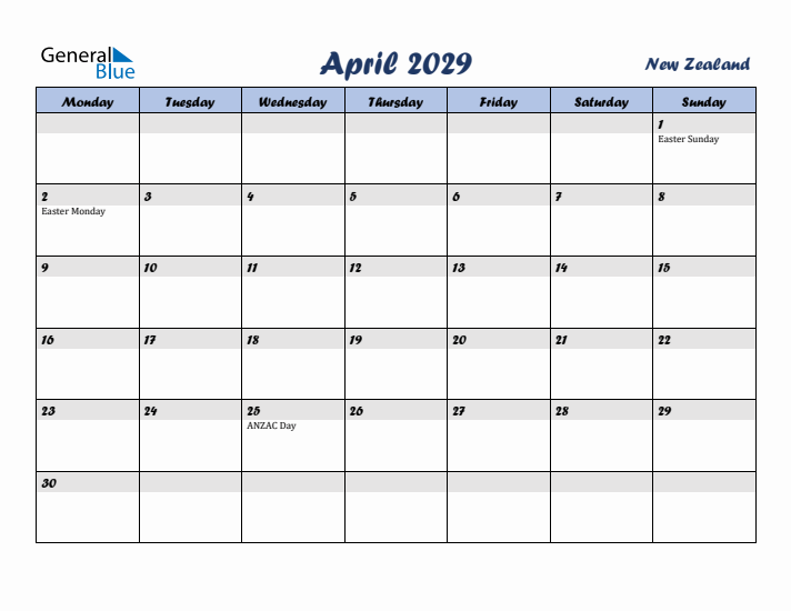 April 2029 Calendar with Holidays in New Zealand