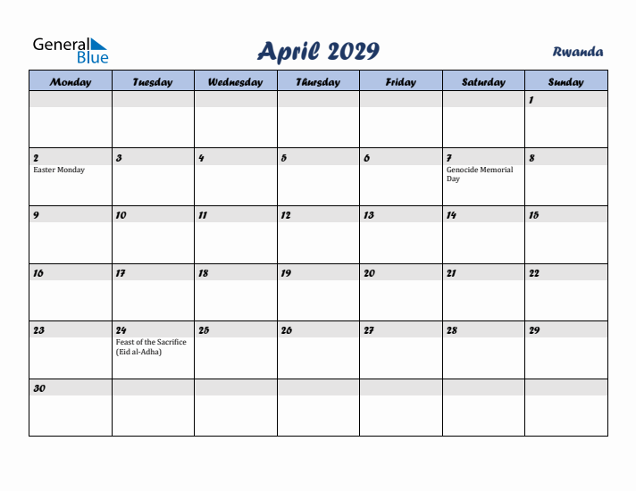 April 2029 Calendar with Holidays in Rwanda