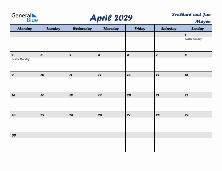 April 2029 Calendar with Holidays in Svalbard and Jan Mayen