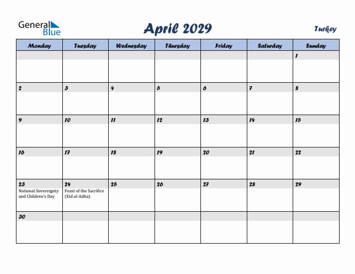 April 2029 Calendar with Holidays in Turkey