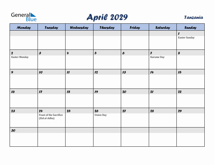 April 2029 Calendar with Holidays in Tanzania