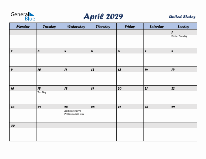 April 2029 Calendar with Holidays in United States