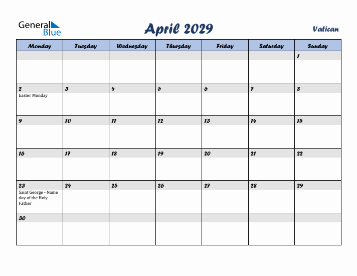 April 2029 Calendar with Holidays in Vatican