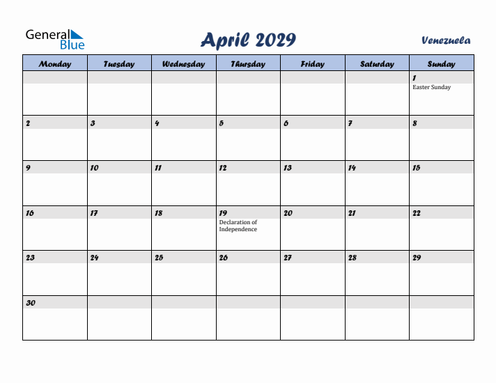 April 2029 Calendar with Holidays in Venezuela