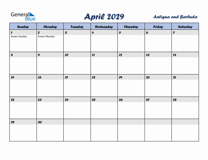 April 2029 Calendar with Holidays in Antigua and Barbuda