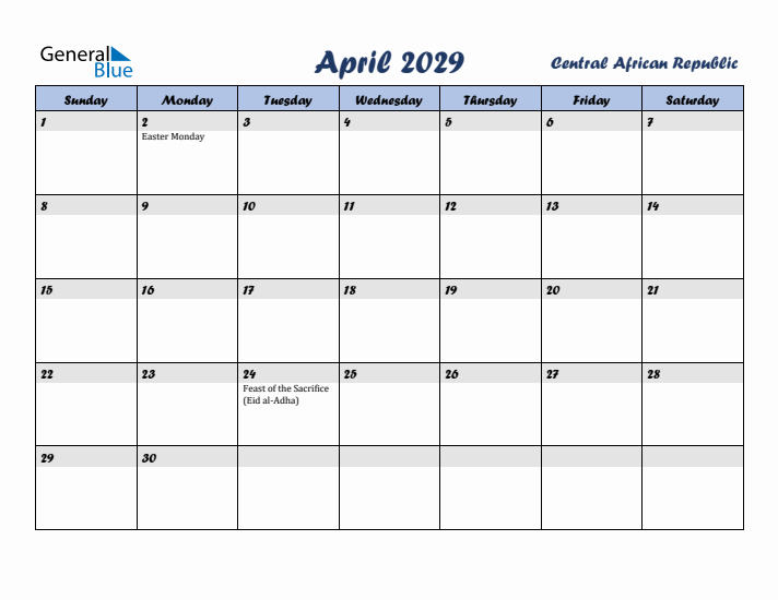 April 2029 Calendar with Holidays in Central African Republic