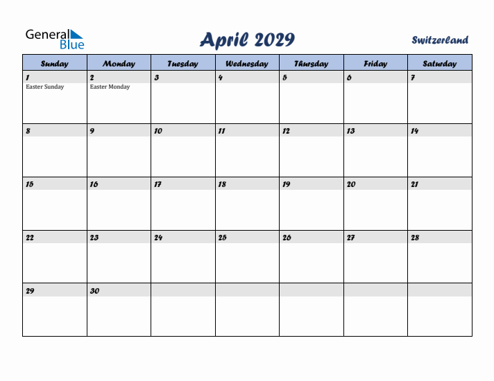 April 2029 Calendar with Holidays in Switzerland